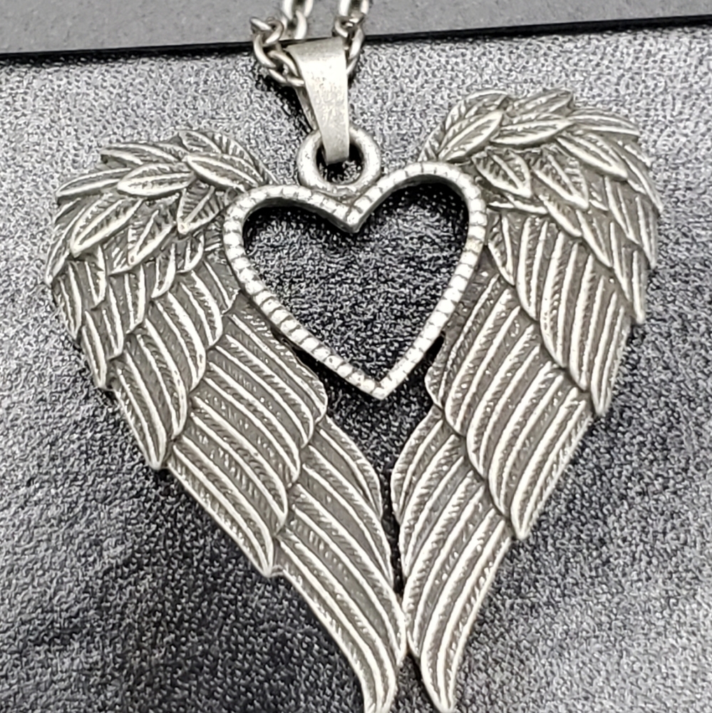Angel Wings Heart Necklace In Antiqued Silver Tone
